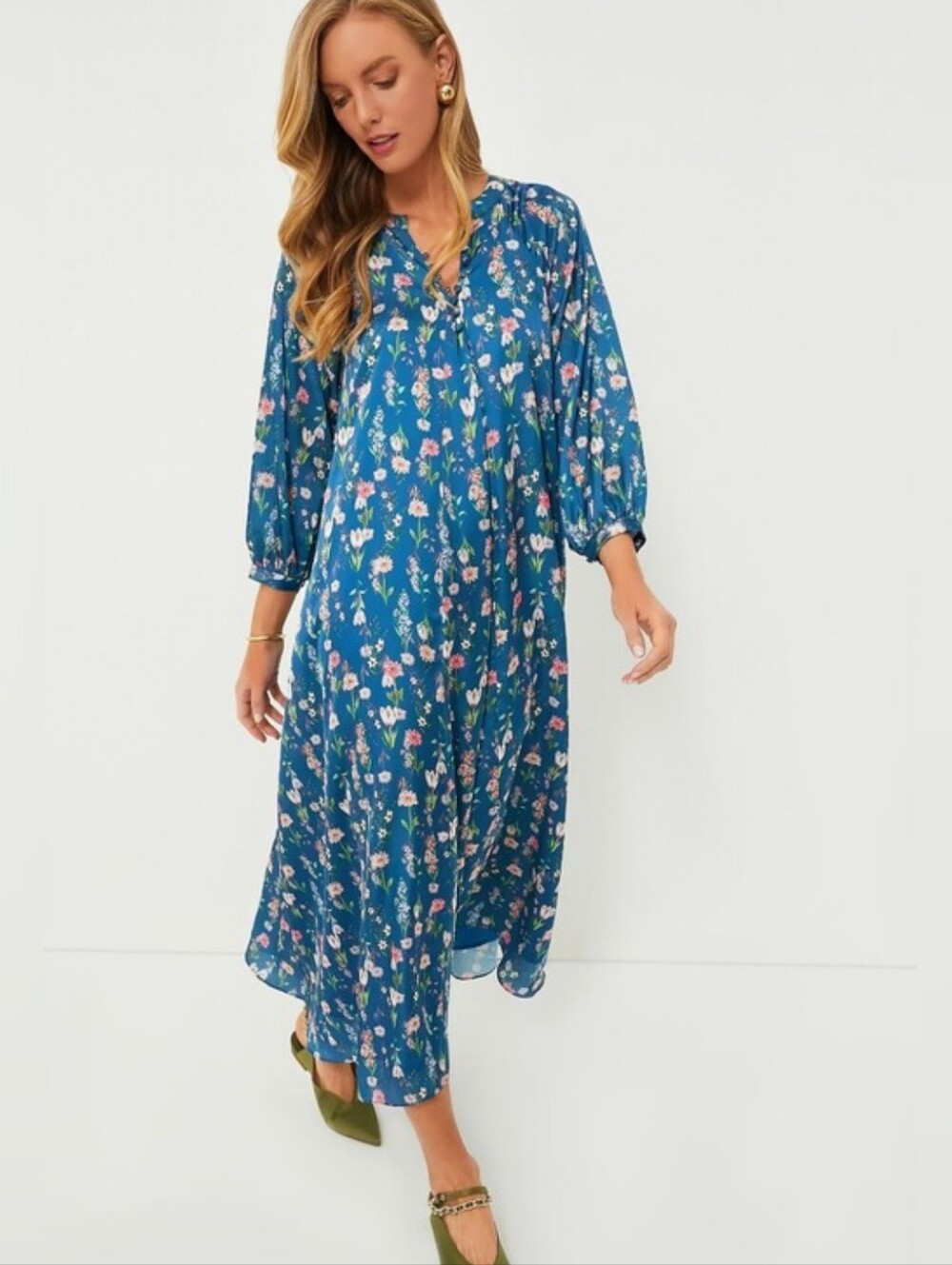 Tuckernuck Hyacinth House Zoe Maxi Dress Satin Floral Blue Preppy Bohemian Sz S